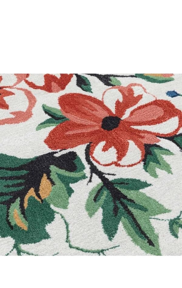 Floral Area Rug, White with Blue and Coral Flowers, Botanical Print for Home decor, Bedroom