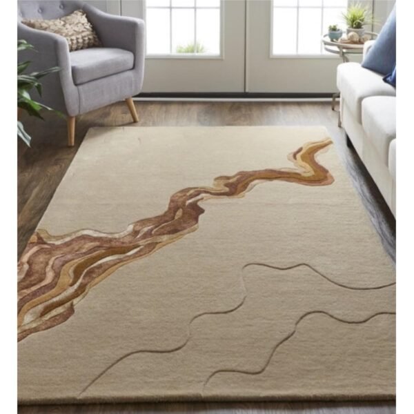 Modern Abstract Area Rug with Wavy Brown Design, Beige and Tan Colors, Contemporary Home Decor