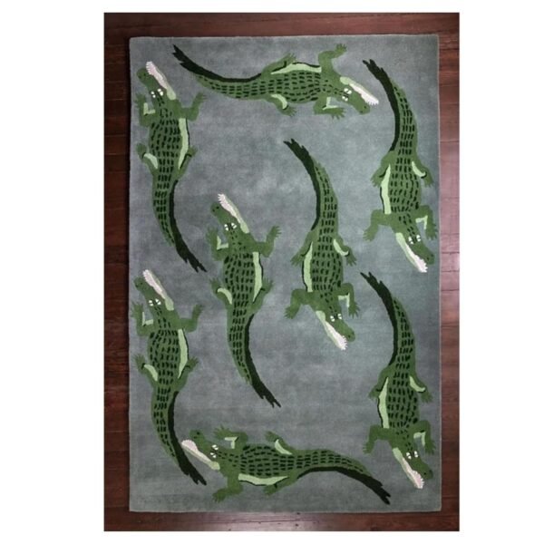 Kids Area Rug with Alligator Pattern, Grey and Green, Decorative Floor Carpet for Children's Room