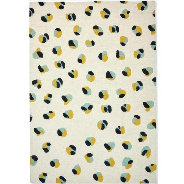 Modern Area Rug with Polka Dot Pattern, Ivory White with Navy Blue, Yellow and Mint Accents