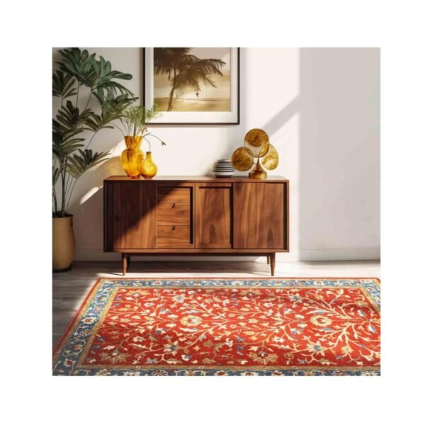 Traditional Persian Area Rug, Red with Blue Border, Floral Vine Pattern, Hand-Tufted