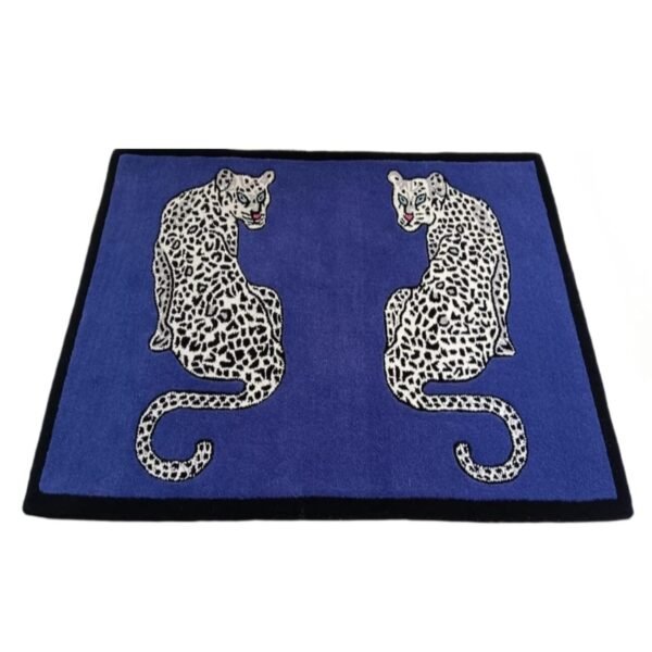 Decorative Area Rug with Leopard Design, Royal Blue and Black Border, Modern Animal Print