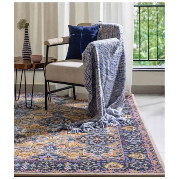 Vintage Persian Area Rug, Traditional Floral Medallion Design, Navy Blue and Gold, Oriental Pattern