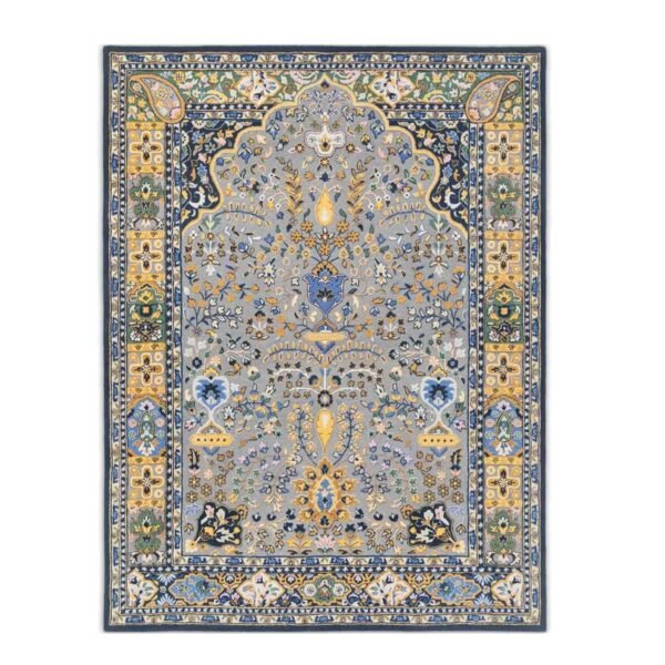 Traditional Persian Area Rug, Grey and Blue Floral Design, Oriental Pattern with Gold Accents