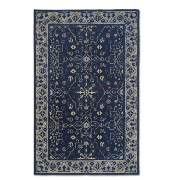 Traditional Area Rug, Navy Blue with Floral Pattern, Oriental Border Design for Living Room, Bedroom, Kitchen, Dining Room