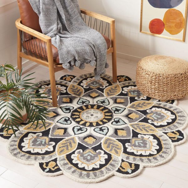 Round Mandala Area Rug – Modern Boho Floral Carpet for Living Room & Bedroom Decor