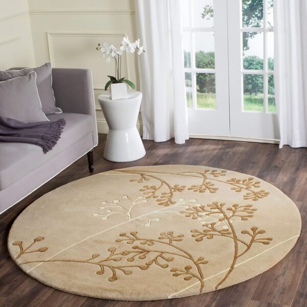 Round Beige Floral Embossed Area Rug – Soft Modern Living Room Carpet