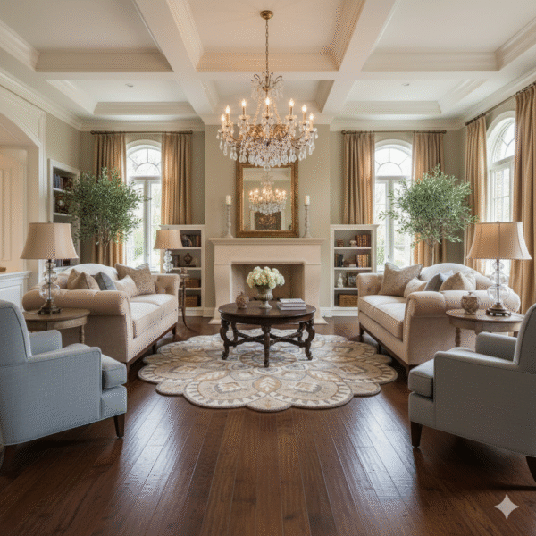 Luxury Scalloped Floral Medallion Area Rug - Elegant Hand-Tufted Wool Carpet