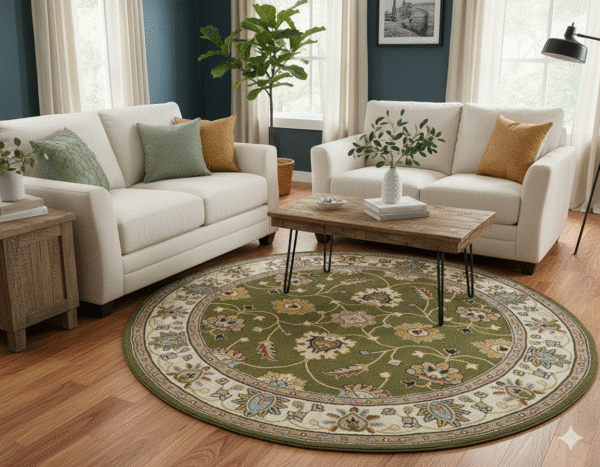 Luxury Round Green Area Rug - Floral Medallion Design Carpet for Living Room & Bedroom