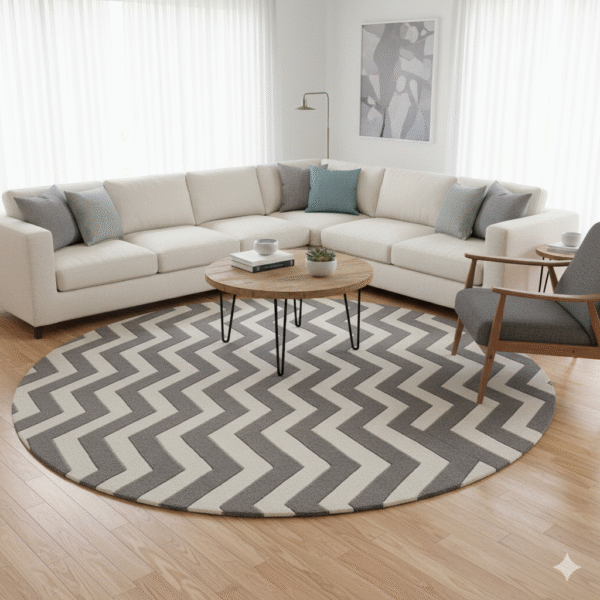 Modern Chevron Round Area Rug - Grey & Ivory Zigzag Pattern