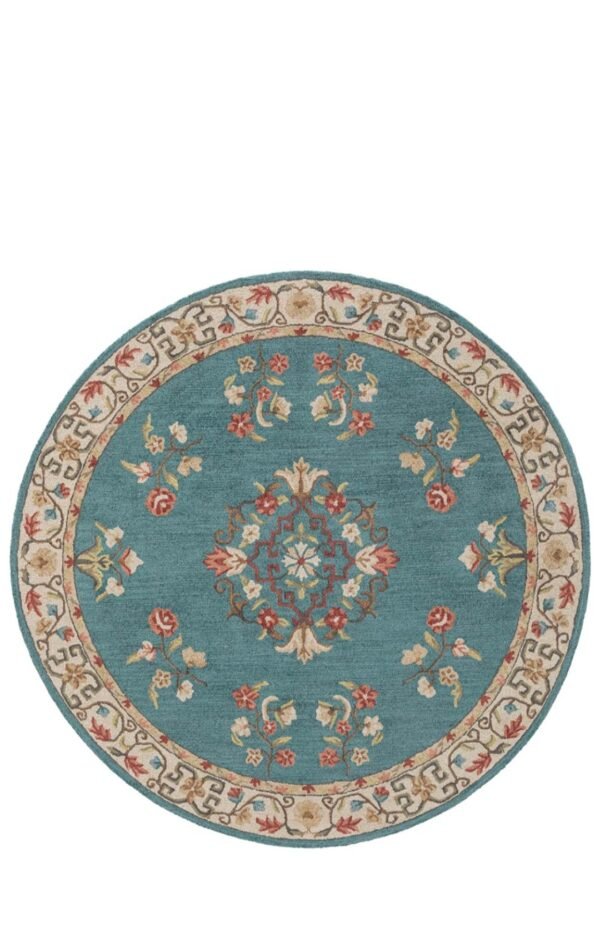 Luxurious Hand-Tufted Wool Round Area Rug in a Rich Teal Hue with an Intricate Floral Medallion Design