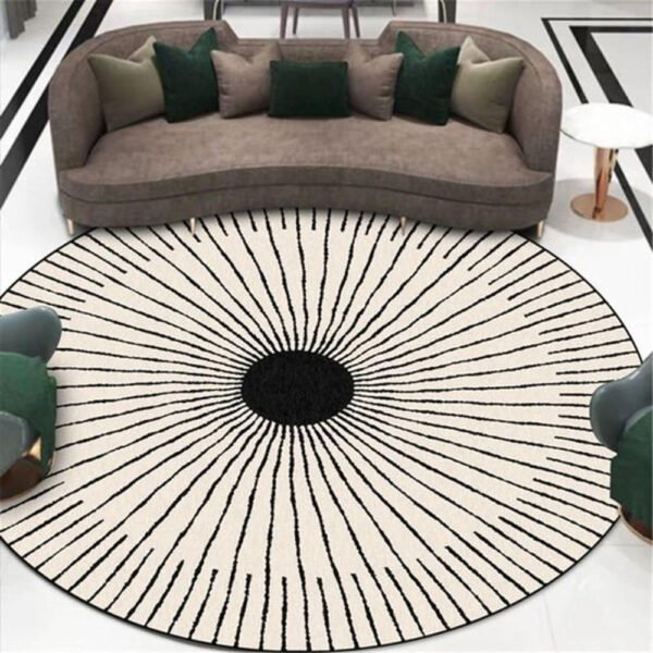 Modern Round Black & White Sunburst Area Rug – Contemporary Geometric Living Room Carpet