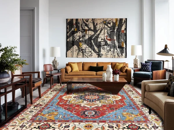 Handmade Oriental Area Rug – Traditional Red & Blue Persian Design Carpet for Living Room & Home Décor