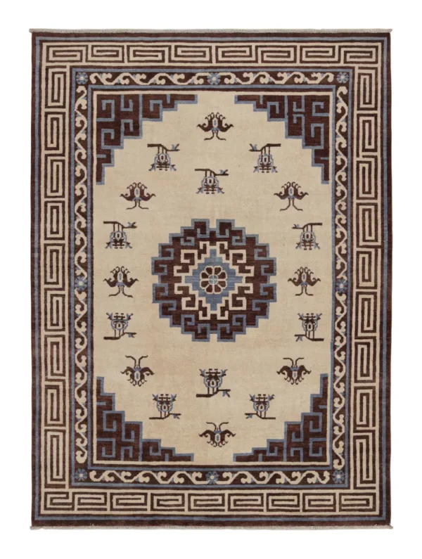 Handmade Tibetan Wool Rug – Traditional Geometric Brown & Blue Oriental Carpet for Living Room & Home Décor