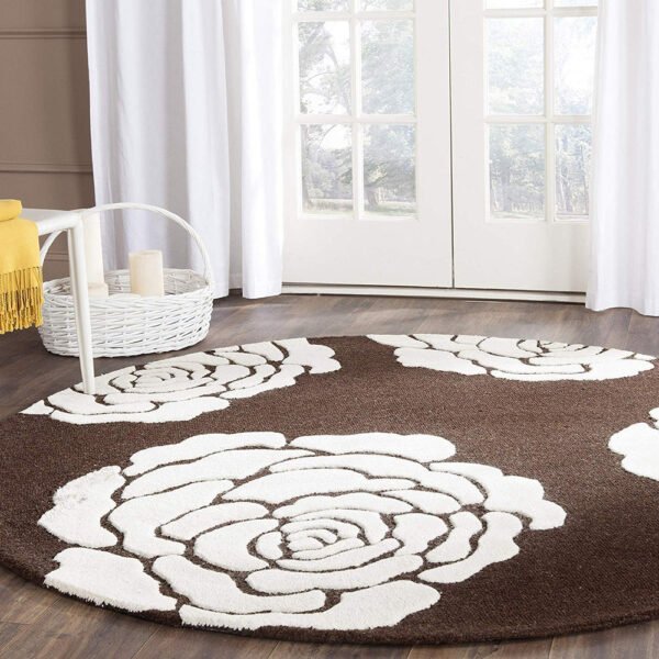 Elegant Brown & White Floral living room Round Area Rug - Soft & Durable Accent Carpet