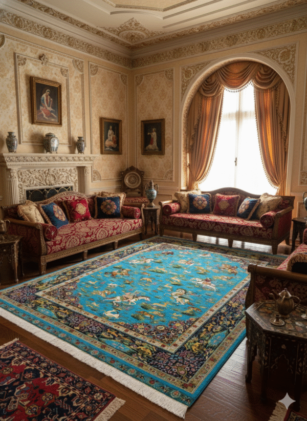 Fine Woven Persian-Style Area Rug with Equestrian and Animal Design