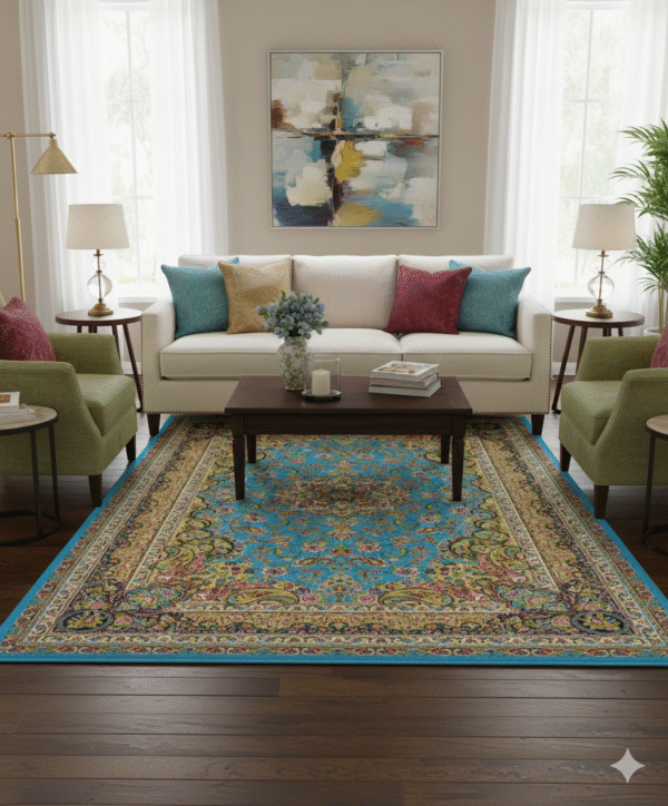 Navy Blue & Cream Medallion Round Area Rug - Vintage Distressed Power Loomed Carpet