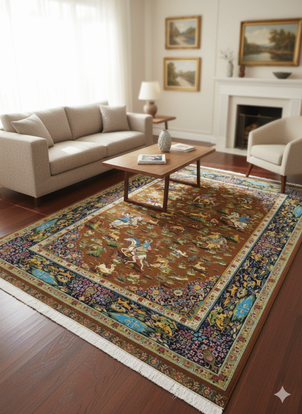 Luxury Brown Traditional Hunter Rug for Living Room | Vintage Persian Design