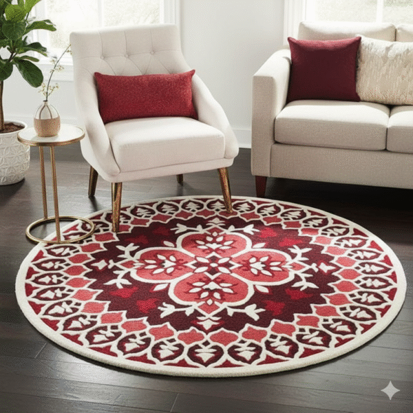 Charming Crimson Medallion Round Area Rug - Elegant Floral Design, Soft & Durable