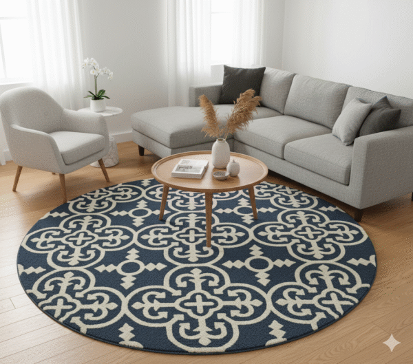 Bold Navy & Ivory Medallion living room Round Area Rug | Modern Geometric Trellis Design Carpet