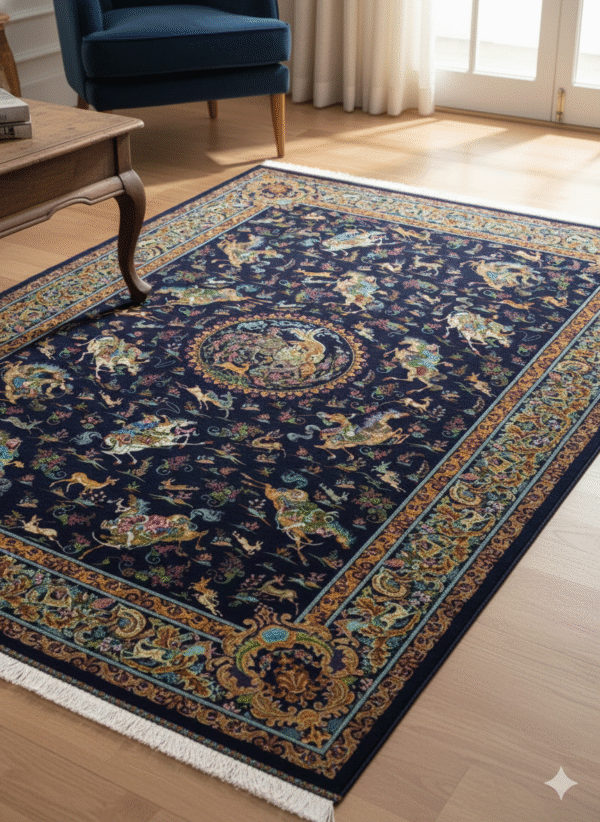 Deep Navy and Gold Traditional Area Rug | Intricate Antique Persian Design | Elegant Frieze Carpet
