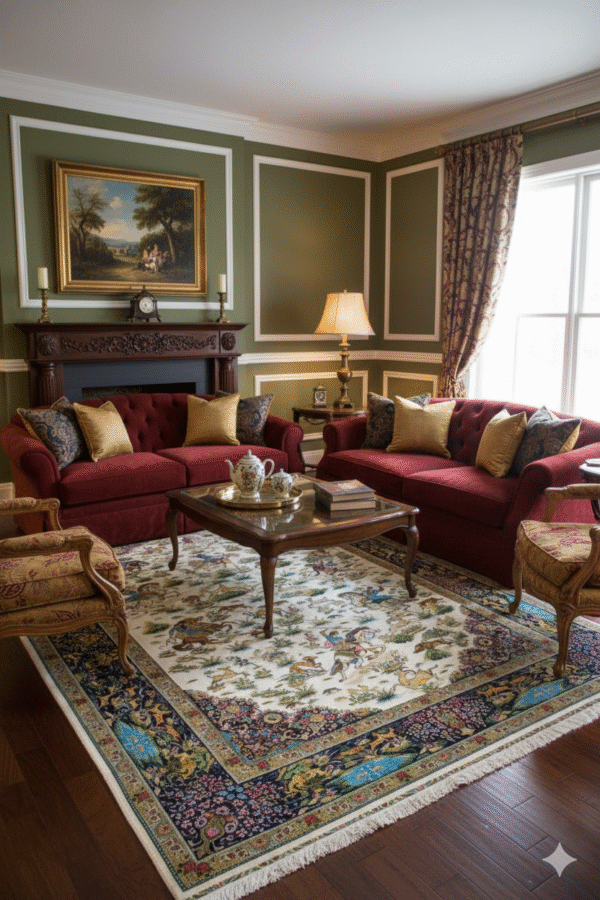 Intricate Hunting Scene Area Rug - Persian Style Medallion & Floral Border Carpet