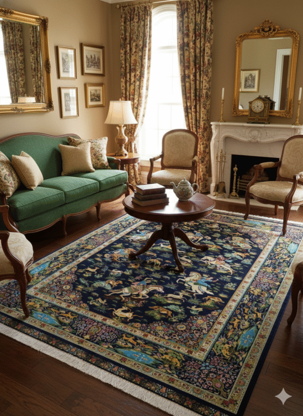 Persian-Inspired Hunting Scene Area Rug - Traditional Navy Blue & Multi-Color Masterpiece