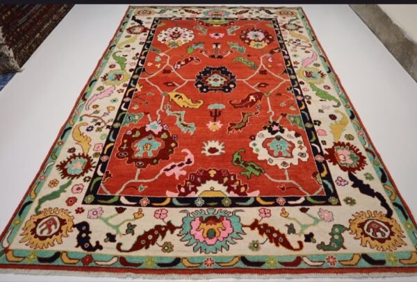 Rust Orange Floral Hand-Knotted Wool Area Rug - Traditional Persian Style