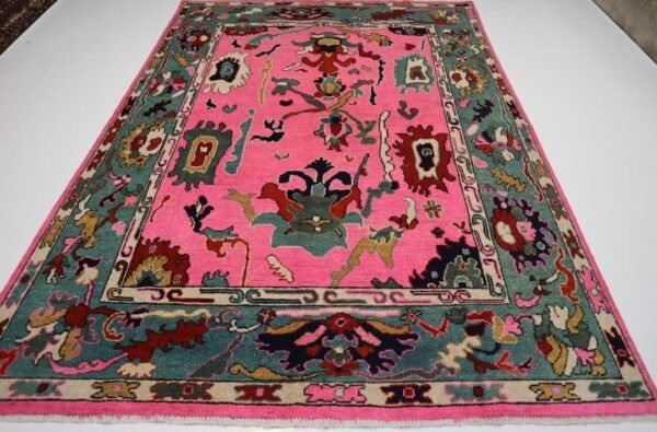 Hot Pink & Teal Hand-Knotted Wool Rug - Contemporary Bohemian Area Rug