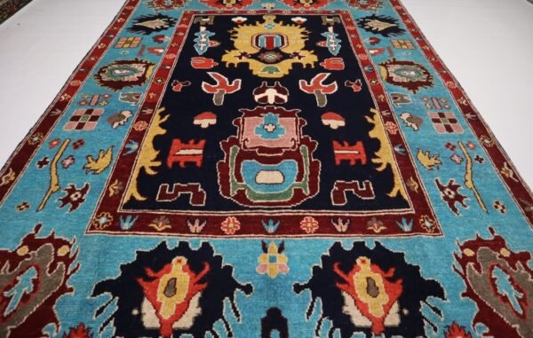 Navy Blue & Aqua Hand-Knotted Wool Rug - Traditional Tribal Design