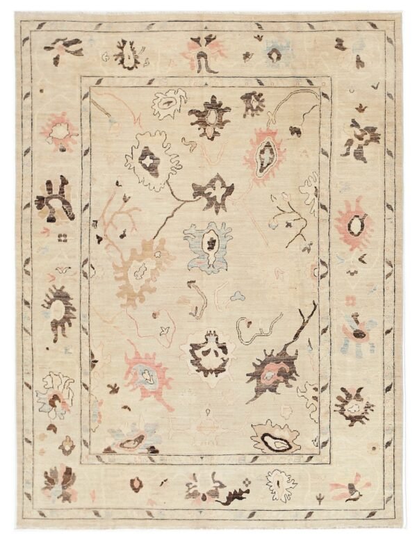 Handmade Transitional Oushak Rug in Neutral and Pastel Tones