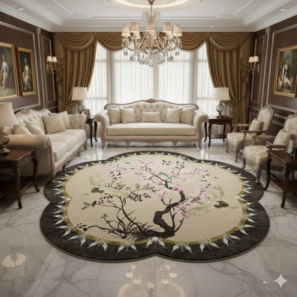 Luxury Chinoiserie Round Area Rug - Crane & Cherry Blossom Floral Pattern - Beige & Black Border