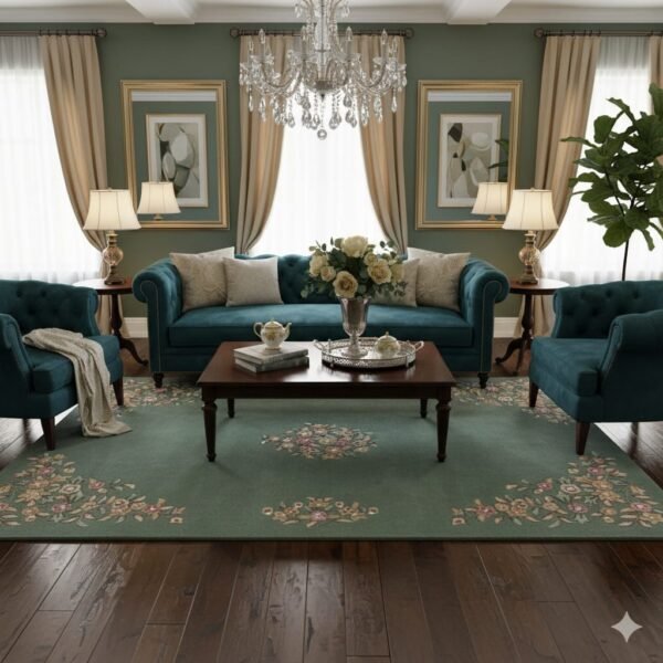 Elegant Sage Green Floral Medallion Area Rug - Traditional Style - Living Room Carpet